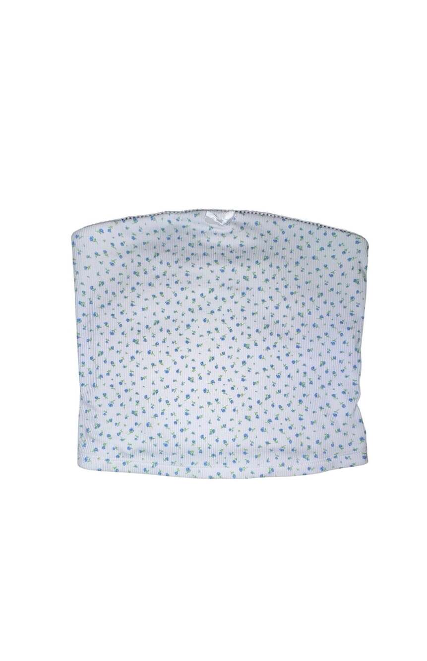 Just Polly New York Tube Top Size M White Blue Floral Ribbed Bow